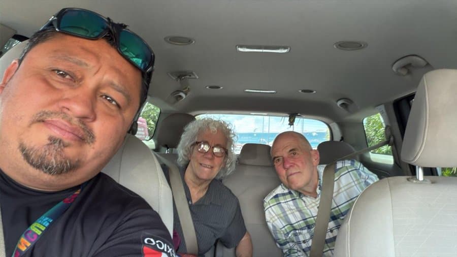 Go Holbox Shuttle driver with happy passengers en route to Holbox
